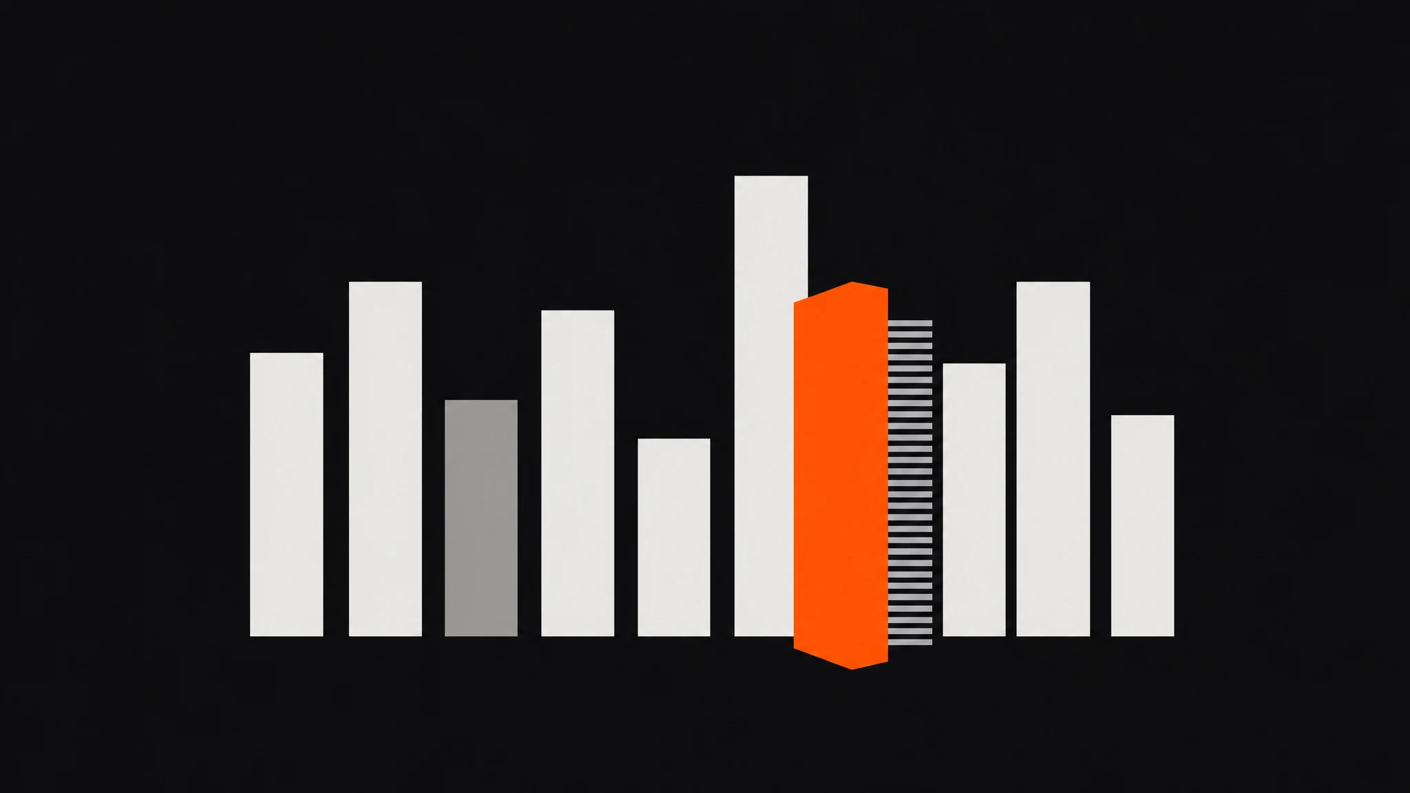 A row of flat ivory bars at varying heights with one muted grey bar among them, a solid orange bar standing forward of the row, and a stack of thin horizontal rules showing behind it, on a charcoal ground