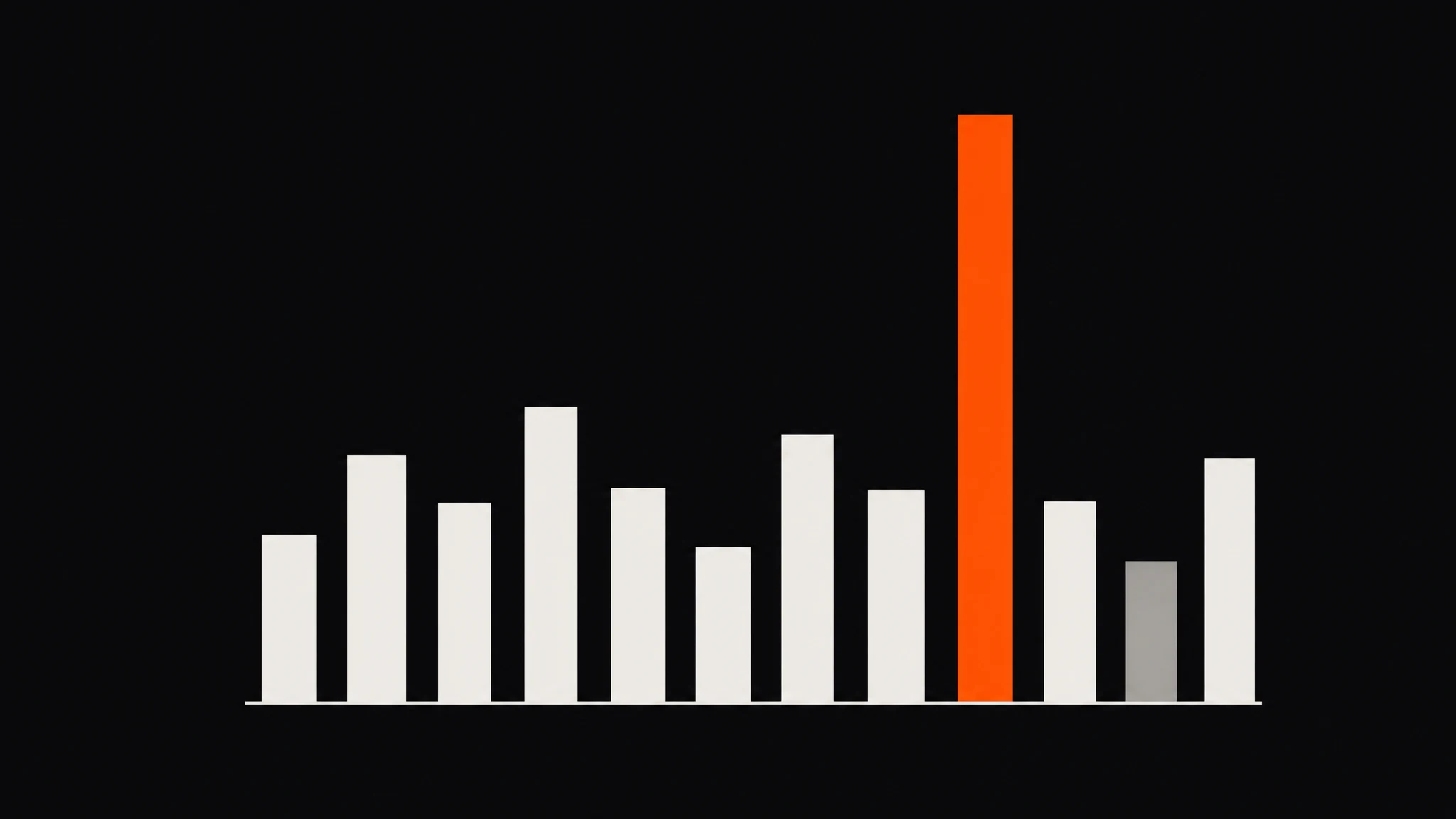 A row of evenly spaced blank ivory vertical bars of varied heights on a thin ivory baseline, one bar solid orange rising well above the rest and one muted grey, on a charcoal ground