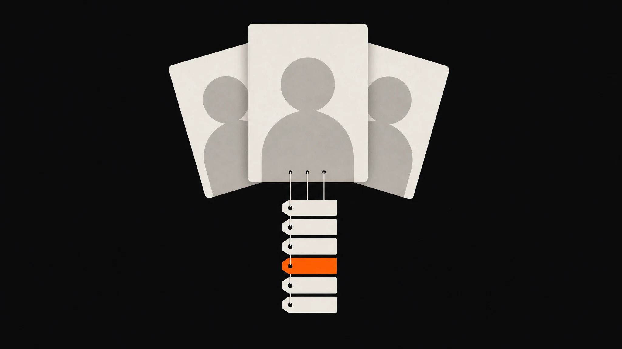 Three fanned ivory profile cards with grey figure silhouettes, the middle card raised, strings running down to a column of blank tags, one tag solid orange, on a charcoal ground