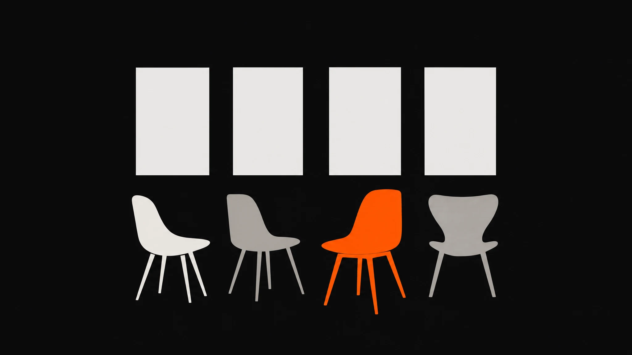 Four blank ivory plan cards above four differently shaped chairs, with the third chair set forward in orange on a charcoal ground