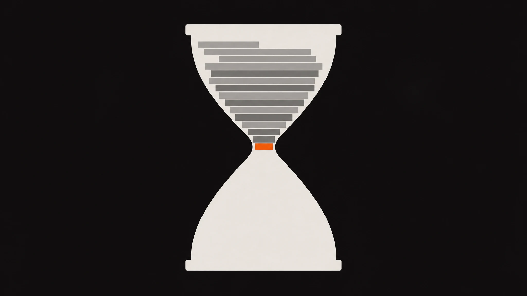 A flat ivory hourglass on charcoal, its upper chamber stacked with grey horizontal bars narrowing toward the neck, a single orange bar at the neck, and the lower chamber entirely empty