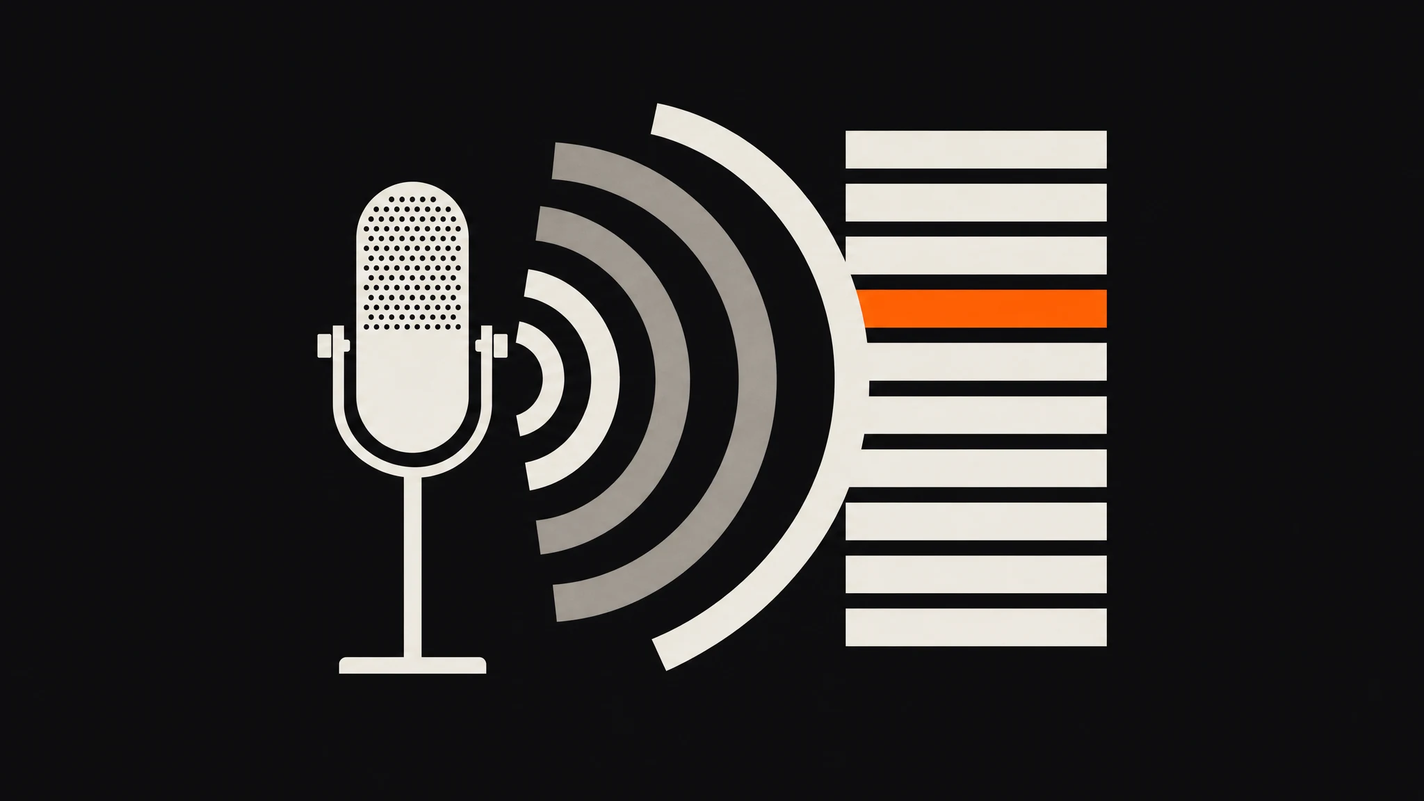A flat ivory studio microphone on a stand, concentric sound arcs spreading from it into a stack of blank ivory text bars, one bar solid orange, on a charcoal ground