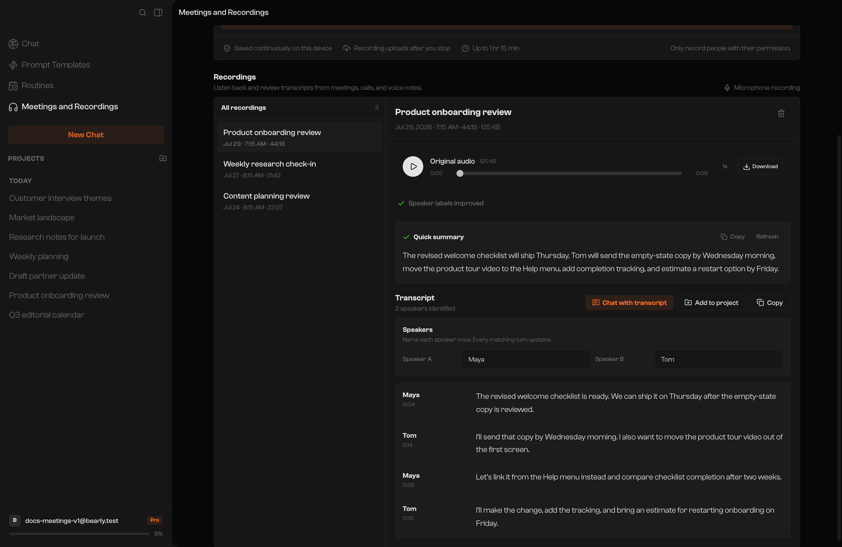 Bearly Meetings with the conversation list open and a Product onboarding review recording showing its summary, named speakers, and transcript.