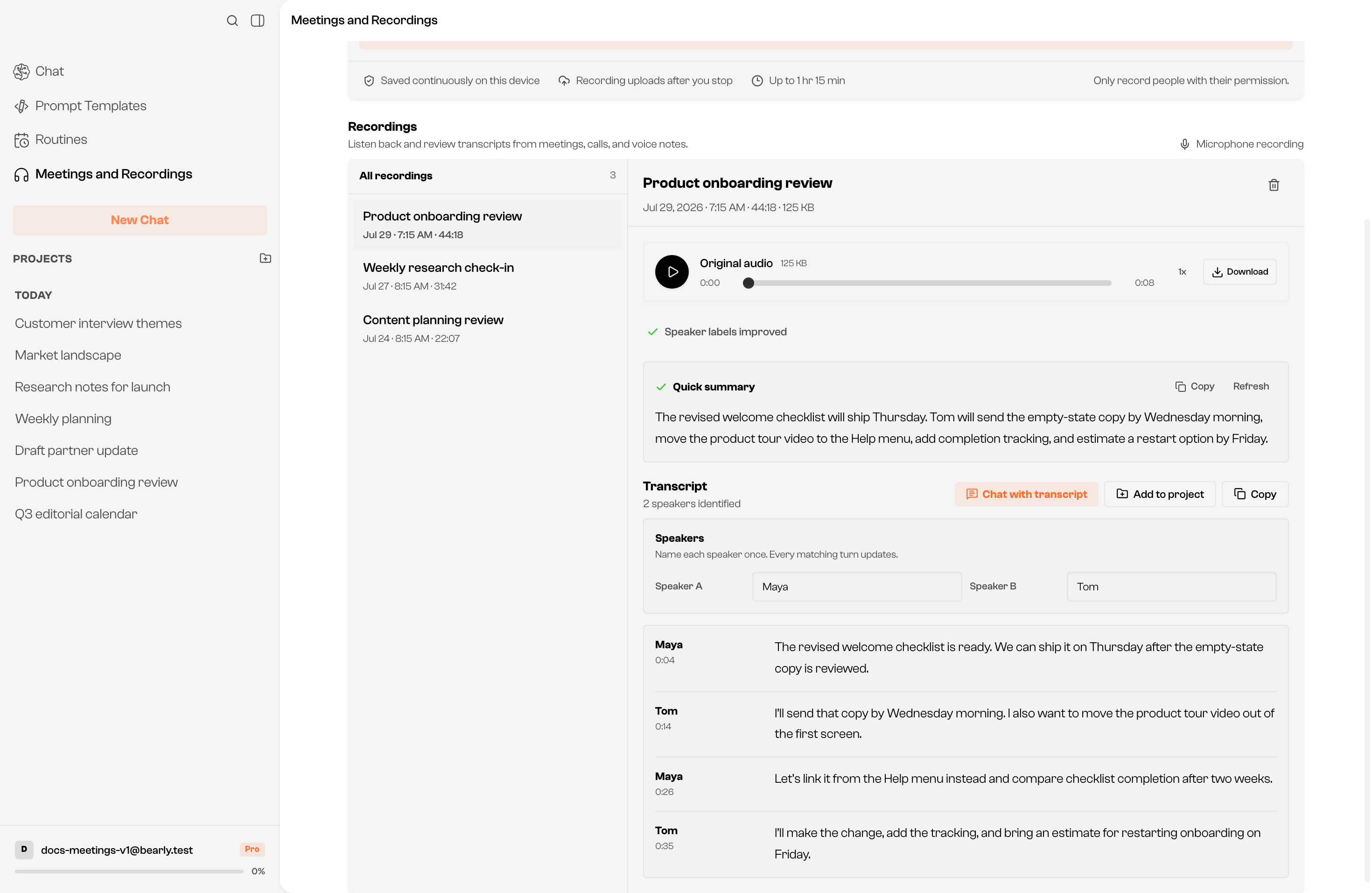 Bearly Meetings with the conversation list open and a Product onboarding review recording showing its summary, named speakers, and transcript.